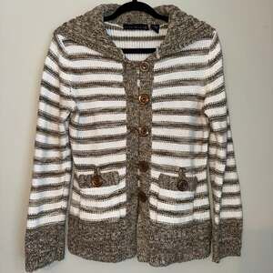 Allison Brittney Striped Hooded Cardigan Sweater - Brown & White Knit, Size L
